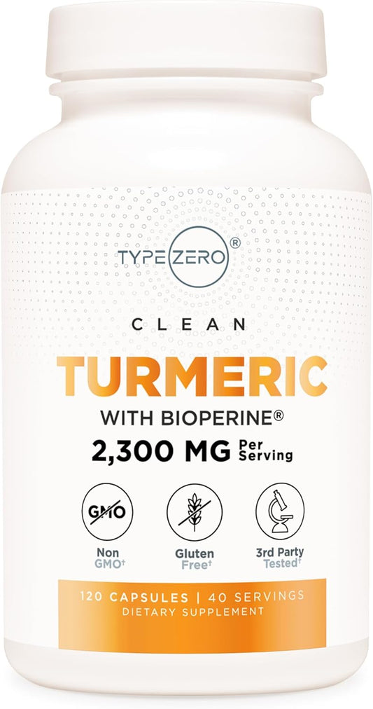 Type Zero Turmeric with Bioperine Capsules - 2300mg Serving, GMO & Gluten Free - 3rd Party Tested