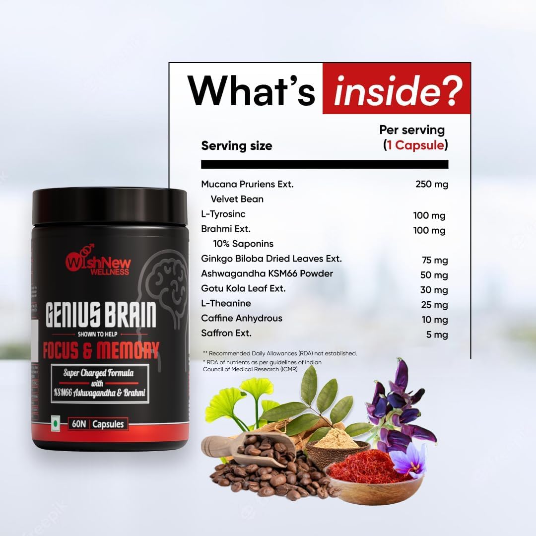 Ultimate Nootropic Supplement for Focus and Memory - with KSM66 Ashwagandha, Brahmi, L-Theanine - 60 Veg Capsules