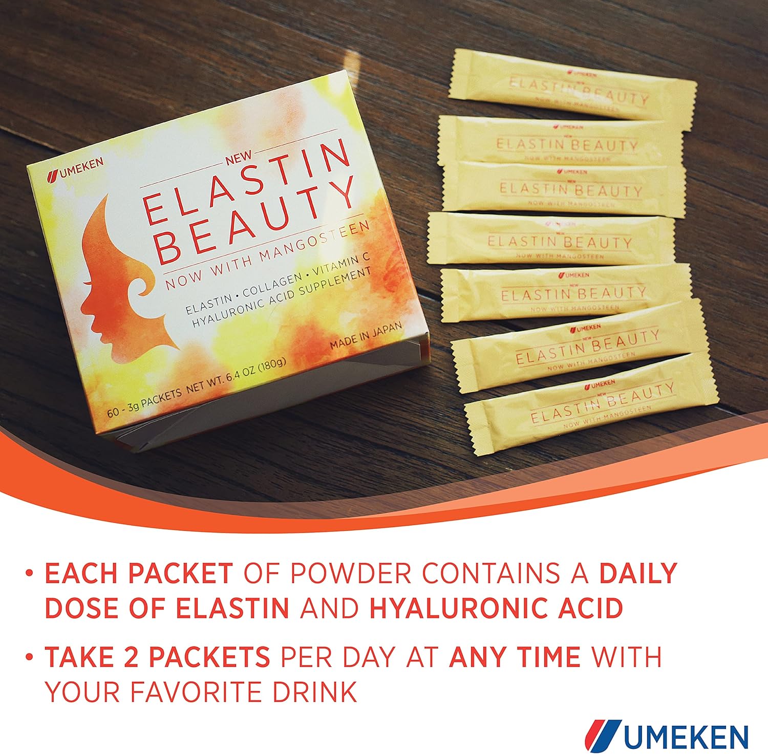 Umeken Elastin Beauty Powder Supplement with Collagen Peptides, Hyaluronic Acid, Vitamin C and Mangosteen Fruit for Women's Health - 1 Month Supply