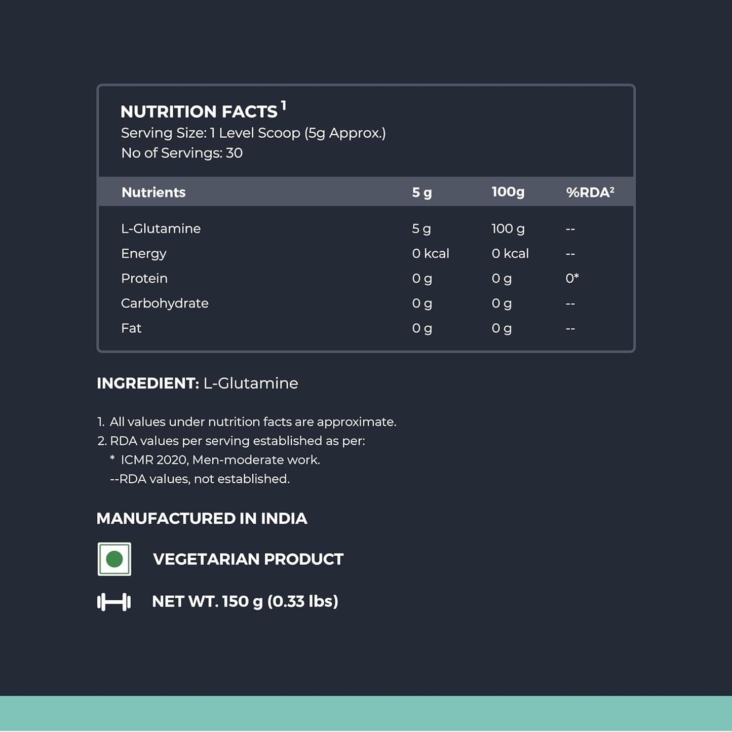 Unflavoured L-Glutamine Powder for Muscle Growth & Recovery - 150g Amino Acid Post Workout Supplement