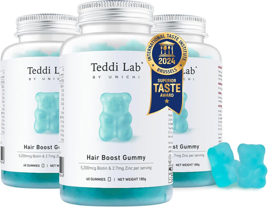 Unichi Hair Boost Gummy 3-Pack - 5200mcg Biotin with Zinc, Pantothenic Acid, Vitamins A, C, E - Stronger, Thicker Hair - Sea Salt & Green Grape Flavour - 180 Count