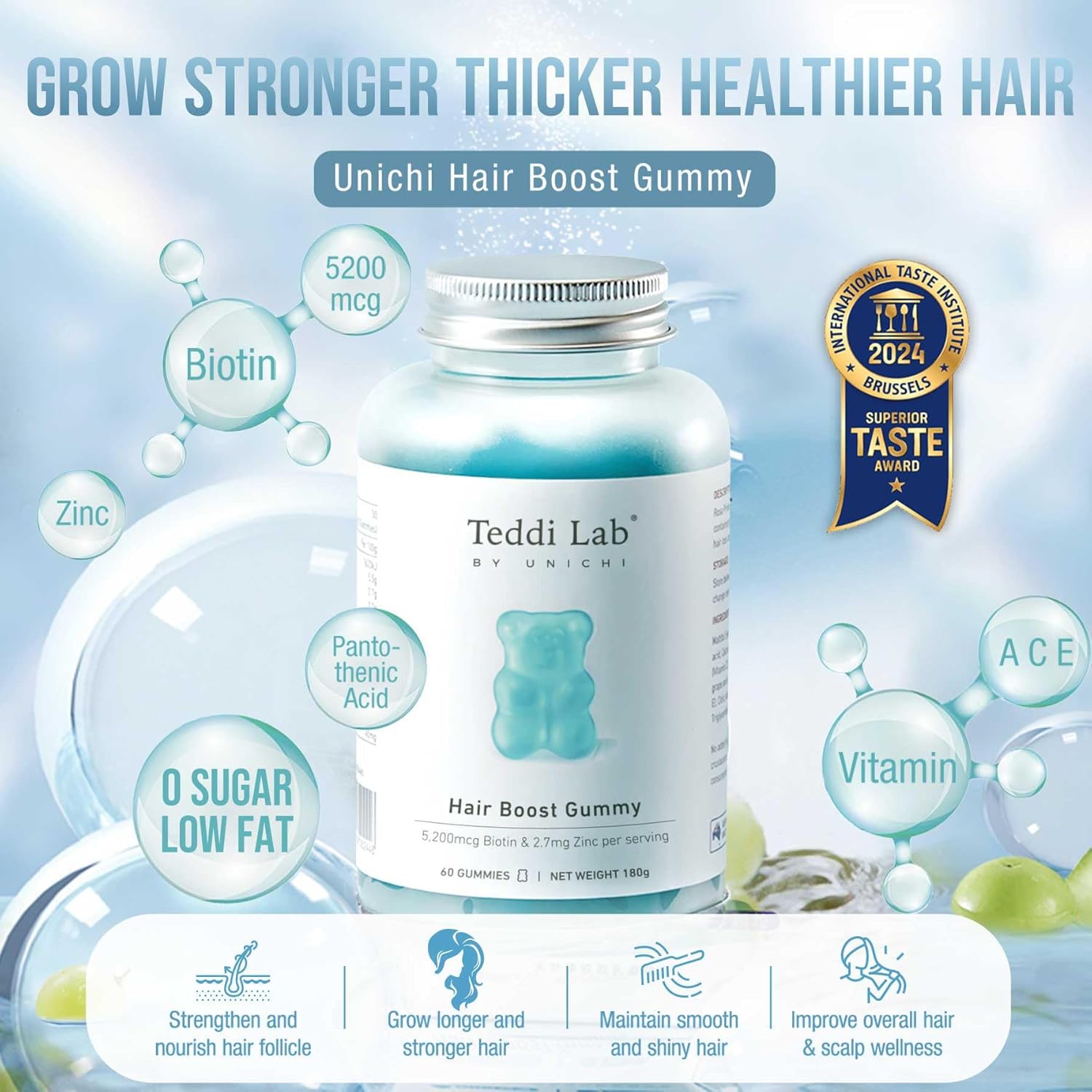 Unichi Hair Boost Gummy 3-Pack - 5200mcg Biotin with Zinc, Pantothenic Acid, Vitamins A, C, E - Stronger, Thicker Hair - Sea Salt & Green Grape Flavour - 180 Count