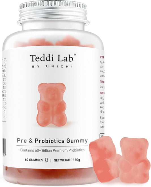 Unichi Pre & Probiotic Gummies: 60+ Billion CFU with Prebiotic for Digestive Health, Non-GMO, Yogurt Flavor - 60 Count