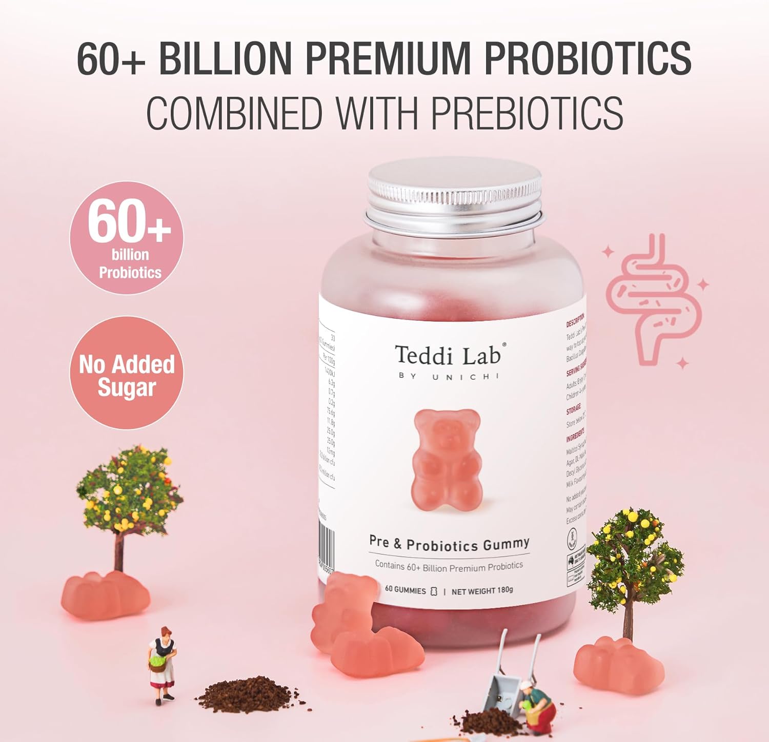 Unichi Pre & Probiotic Gummies: 60+ Billion CFU with Prebiotic for Digestive Health, Non-GMO, Yogurt Flavor - 60 Count