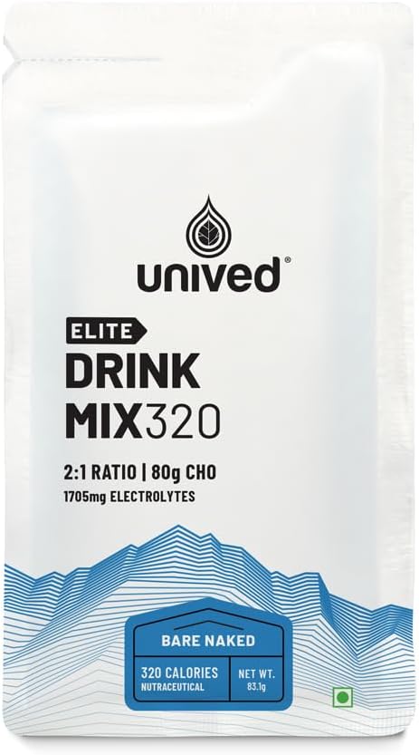 Unived Elite Drink Mix 320 - High Calorie Energy Sports Drink for Endurance Athletes - 2:1 Ratio, 80g Carbs, 1705mg Electrolytes - Bare Naked Flavor, 6 Pack