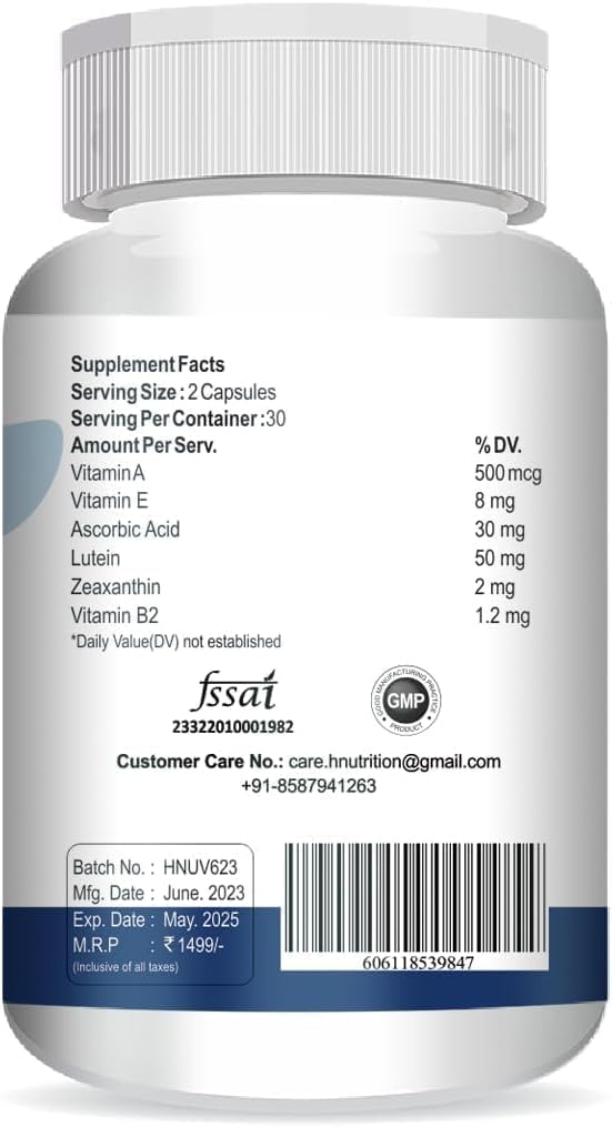Upvision Eye Health Supplement with Omega-3, Vitamin E, A, C, Lutein, Zeaxanthin, B2 - 60 Vegetarian Capsules