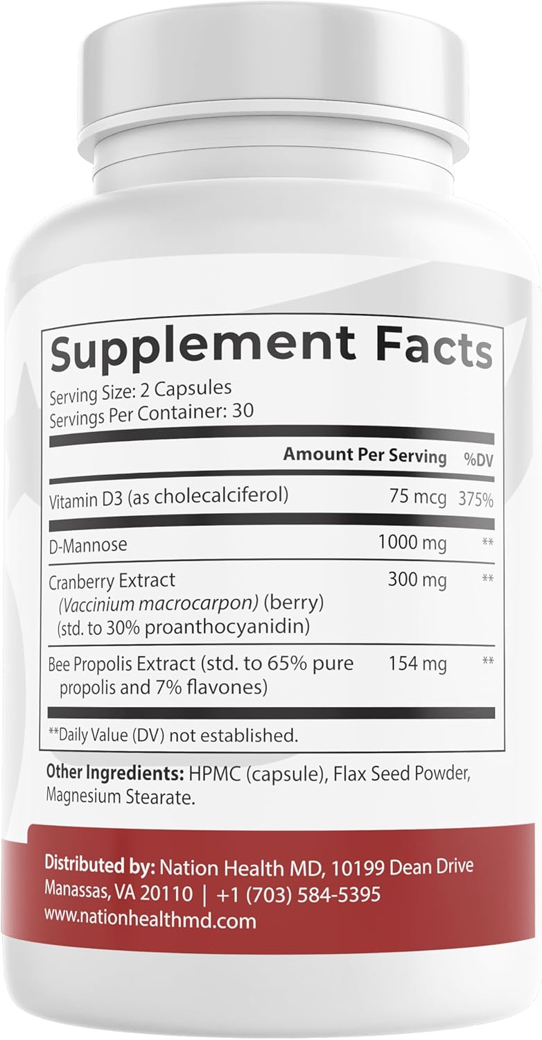 UroBliss Formula: D Mannose 1000mg Capsules with Cranberry Extract - Urinary Tract Support for Women, UTI-Health Supplement