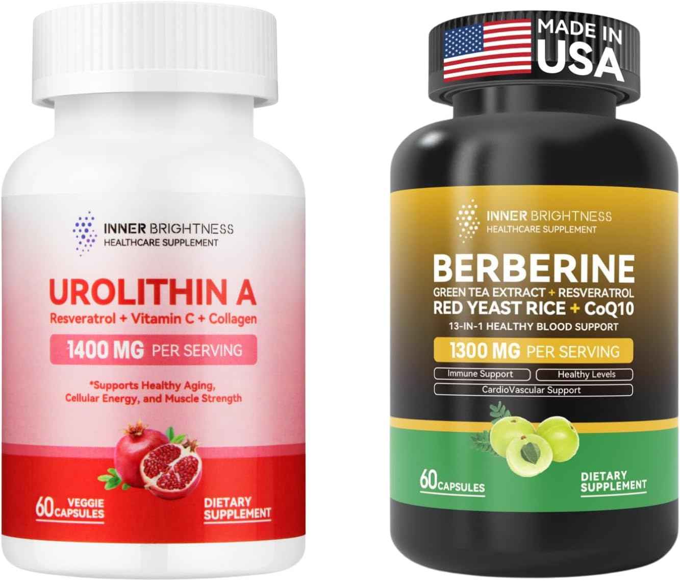 Urolithin A Supplement 1000 MG for Muscle Strength + Berberine 1300mg with Green Tea Extract, Resveratrol & CoQ10 for Natural Metabolic Health