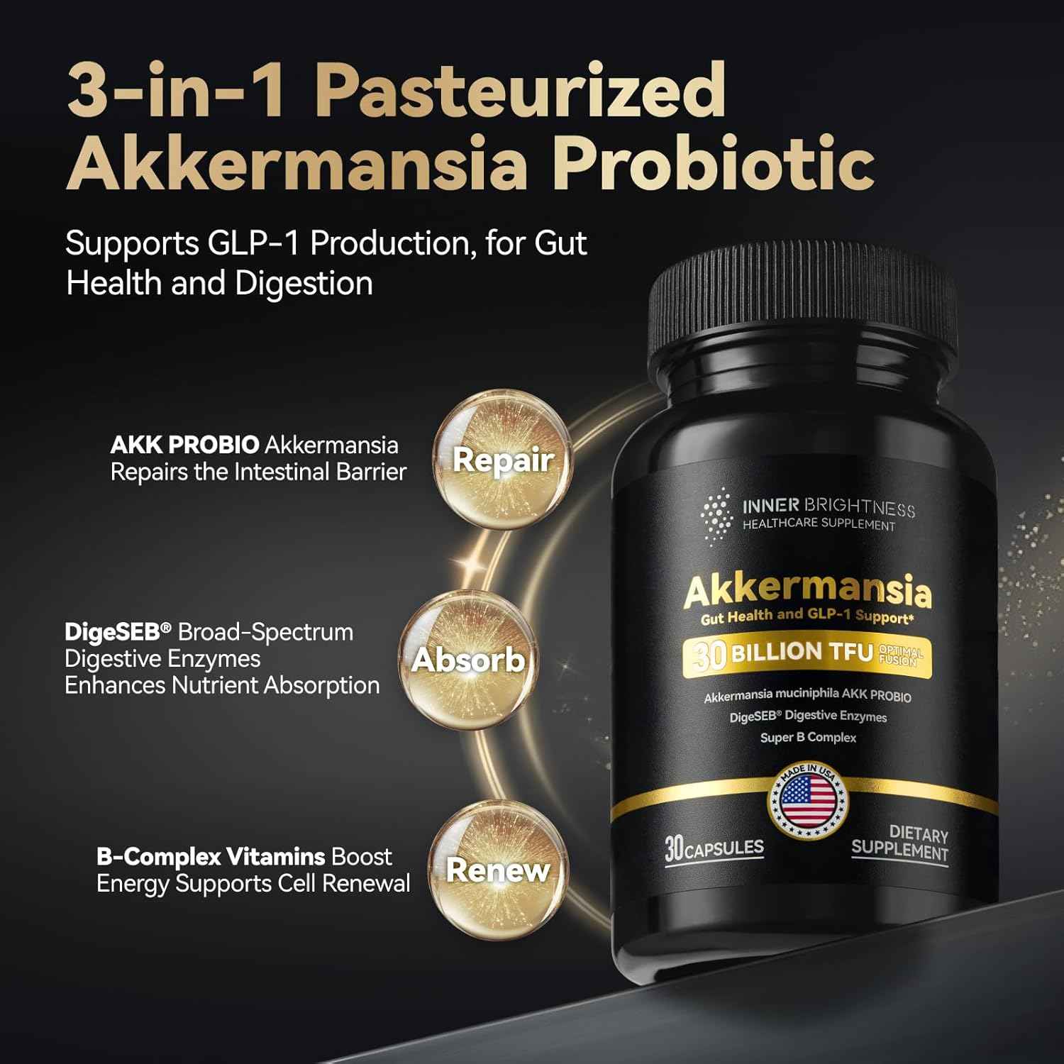 Urolithin A with Akkermansia Probiotic Capsules - 30 Capsules - Supports Mitochondrial Health & Gut Function