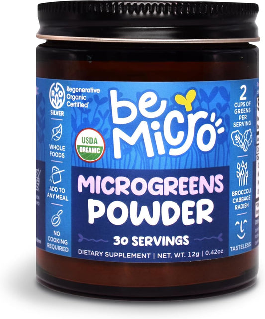 US Grown BeMicro Microgreens Powder Blend - Broccoli, Cabbage, Radish - Nutritional Booster for Cellular Health - 30 Servings, 12g
