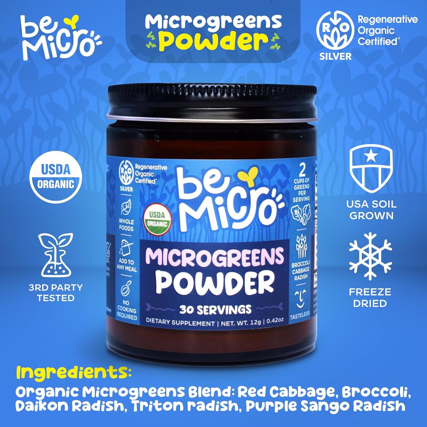 US Grown BeMicro Microgreens Powder Blend - Broccoli, Cabbage, Radish - Nutritional Booster for Cellular Health - 30 Servings, 12g