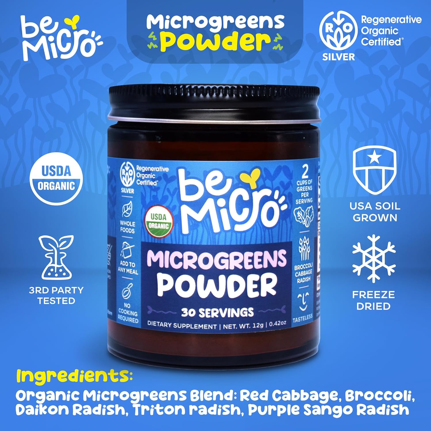 US Grown BeMicro Microgreens Powder Blend - Broccoli, Cabbage, Radish - Nutritional Booster for Cellular Health - 30 Servings, 12g