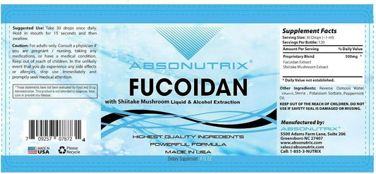 USA-Made Absonutrix Fucoidan & Shitake Mushroom Liquid 500mg - Antioxidant for Immunity & Health - 120 Servings