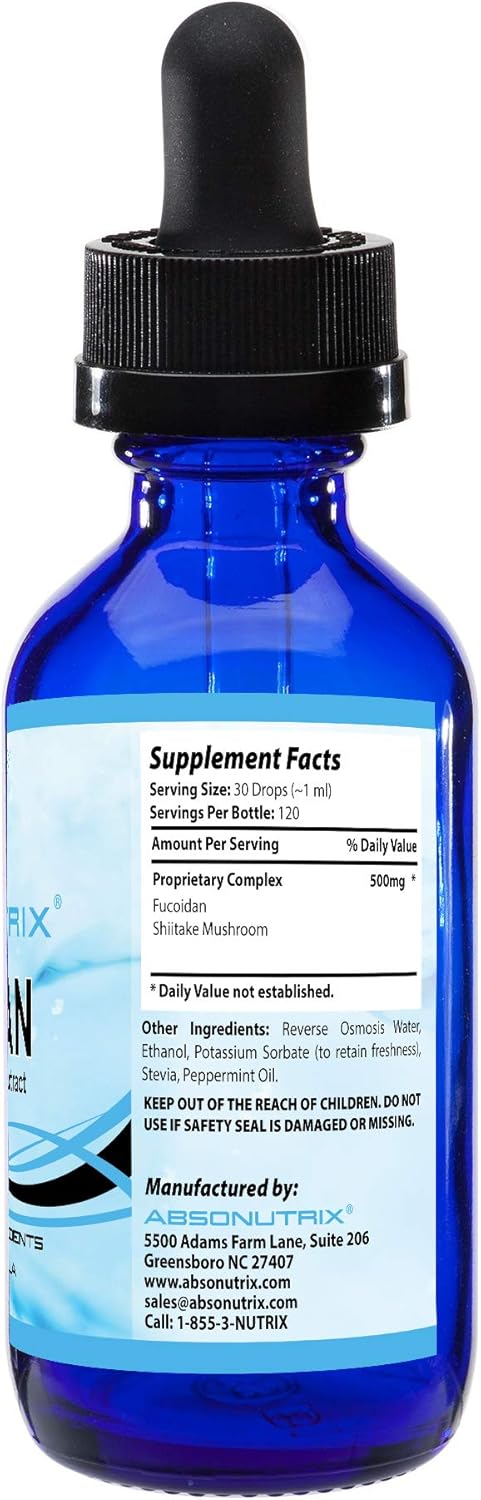 USA-Made Absonutrix Fucoidan & Shitake Mushroom Liquid 500mg - Antioxidant for Immunity & Health - 120 Servings
