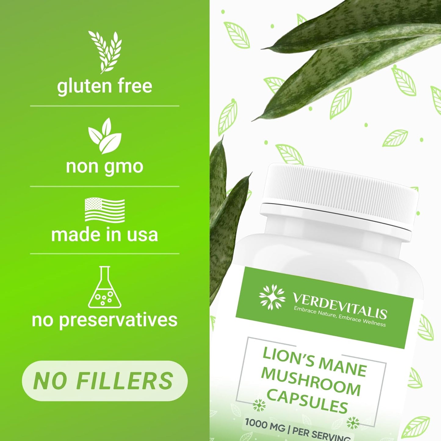 USA-Made Lion's Mane Mushroom Capsules for Memory, Focus & Clarity - Brain Boost Supplement - 100ct