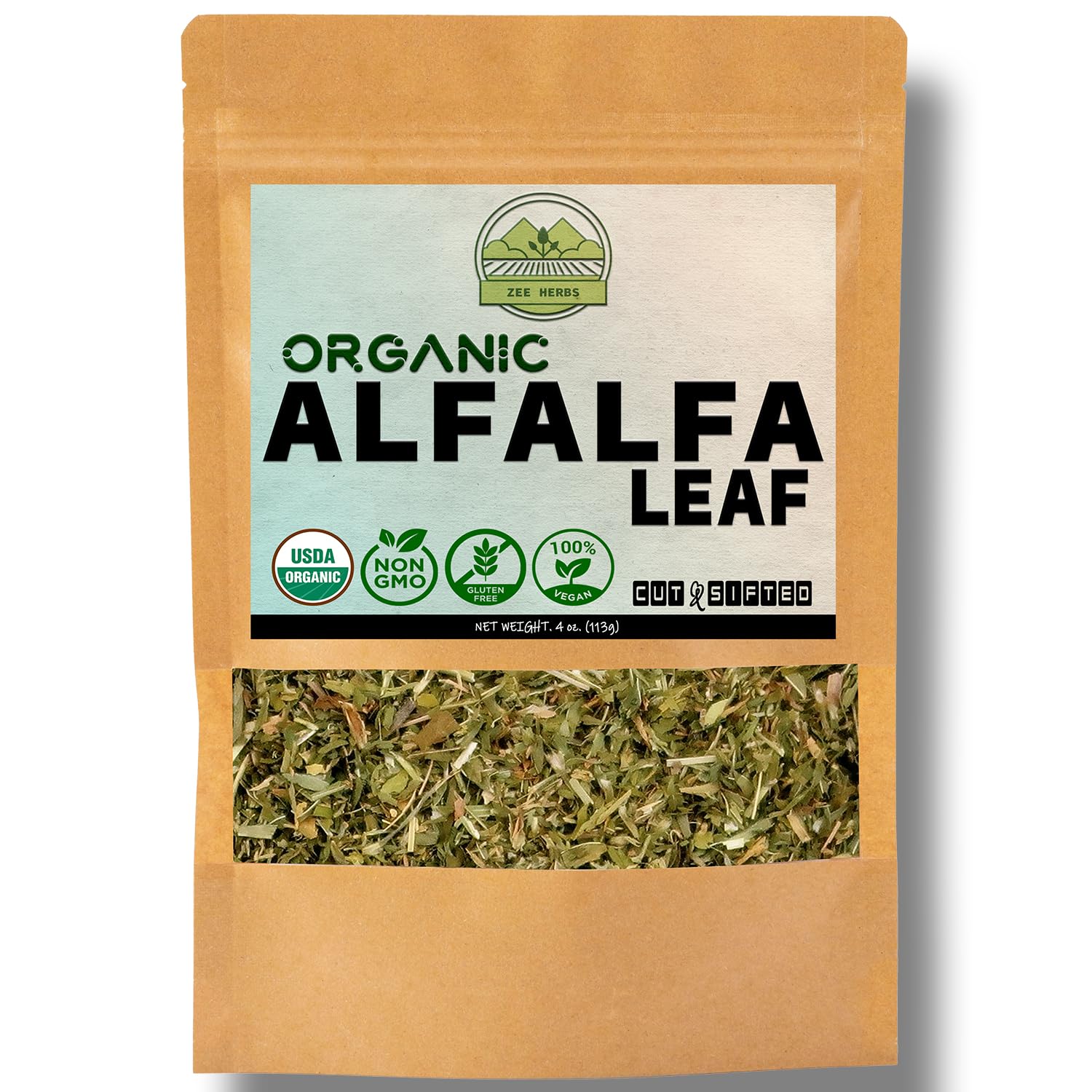 USDA Certified Organic Alfalfa Leaf Tea - 4 oz (113g) - Premium Quality Medicago Sativa - Loose Leaf Herb Tea - Cut & Sifted Alfalfa Leaves