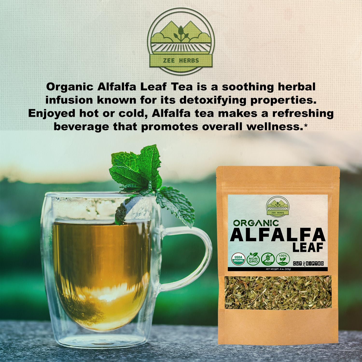 USDA Certified Organic Alfalfa Leaf Tea - 4 oz (113g) - Premium Quality Medicago Sativa - Loose Leaf Herb Tea - Cut & Sifted Alfalfa Leaves