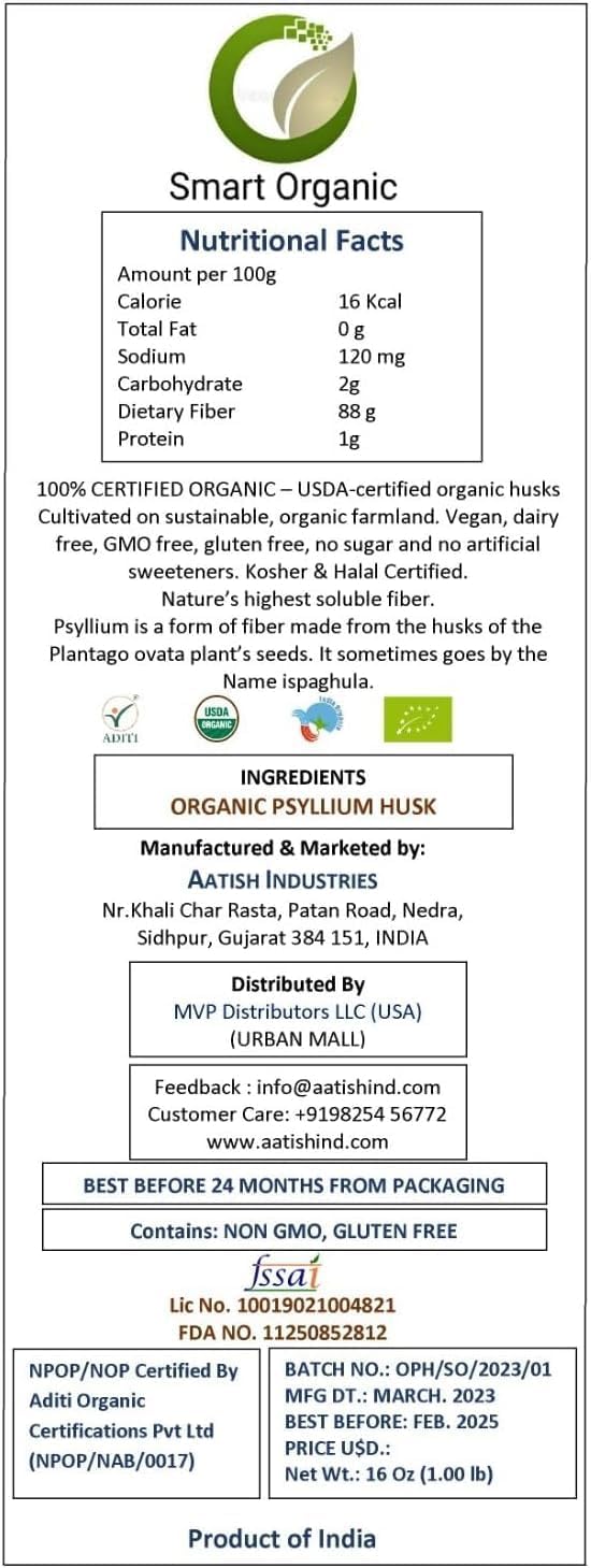 USDA Certified Organic Psyllium Husk Powder - Keto & Vegan Friendly, Gluten-Free, Non-GMO Fiber Supplement 8oz
