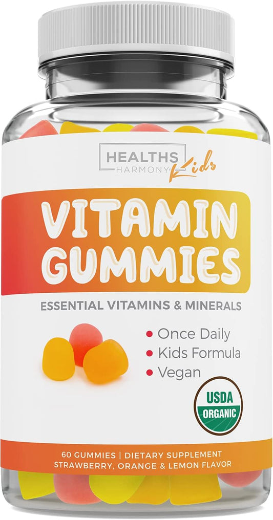 USDA Organic Kids Vitamin Gummies - Yummy Fruit Flavors - Complete Multivitamin with Vitamin C, D, B, A, Zinc - Energy, Mood, Immune Support - 60 Gummy Vitamins