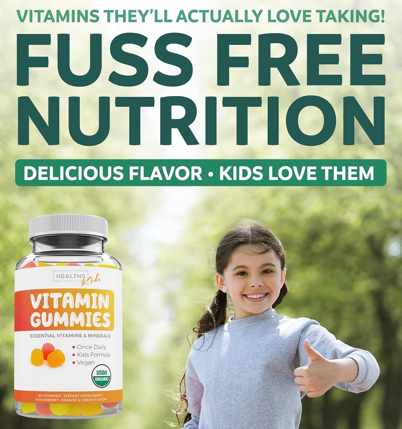 USDA Organic Kids Vitamin Gummies - Yummy Fruit Flavors - Complete Multivitamin with Vitamin C, D, B, A, Zinc - Energy, Mood, Immune Support - 60 Gummy Vitamins