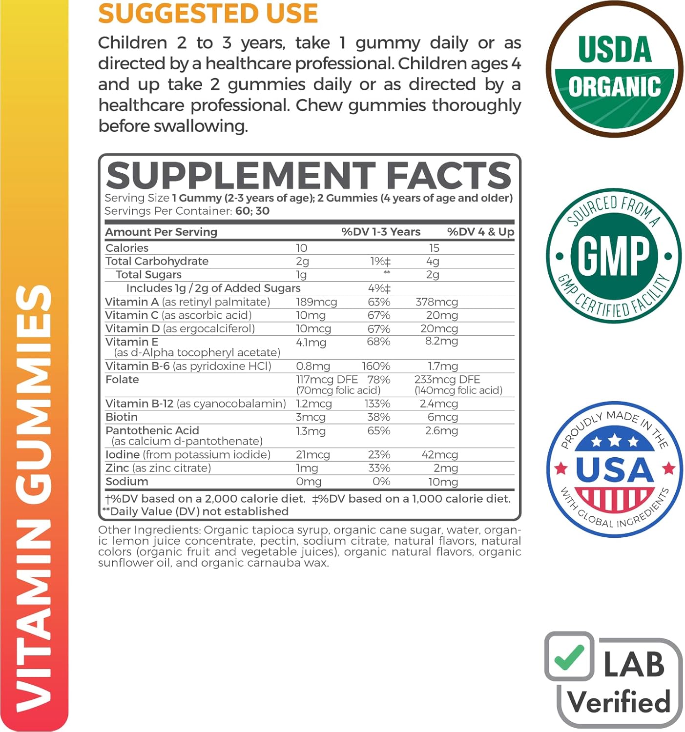 USDA Organic Kids Vitamin Gummies - Yummy Fruit Flavors - Complete Multivitamin with Vitamin C, D, B, A, Zinc - Energy, Mood, Immune Support - 60 Gummy Vitamins