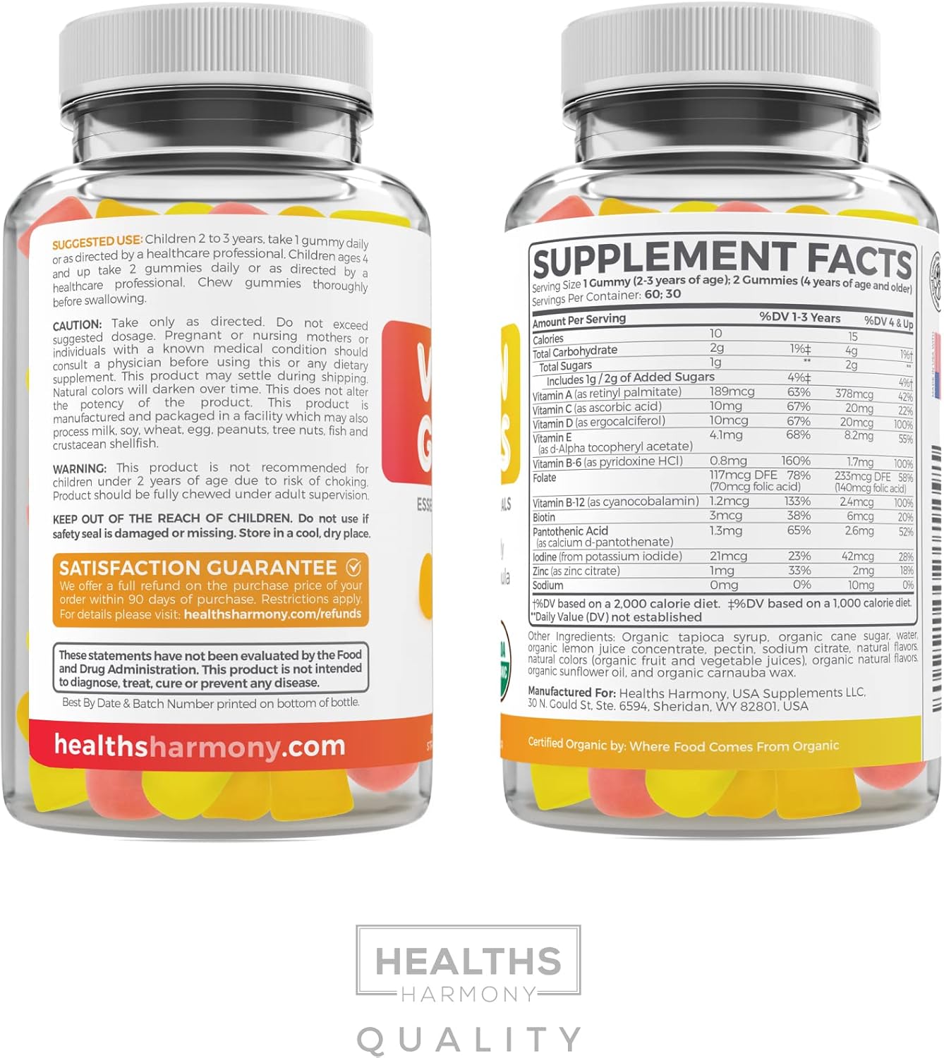 USDA Organic Kids Vitamin Gummies - Yummy Fruit Flavors - Complete Multivitamin with Vitamin C, D, B, A, Zinc - Energy, Mood, Immune Support - 60 Gummy Vitamins