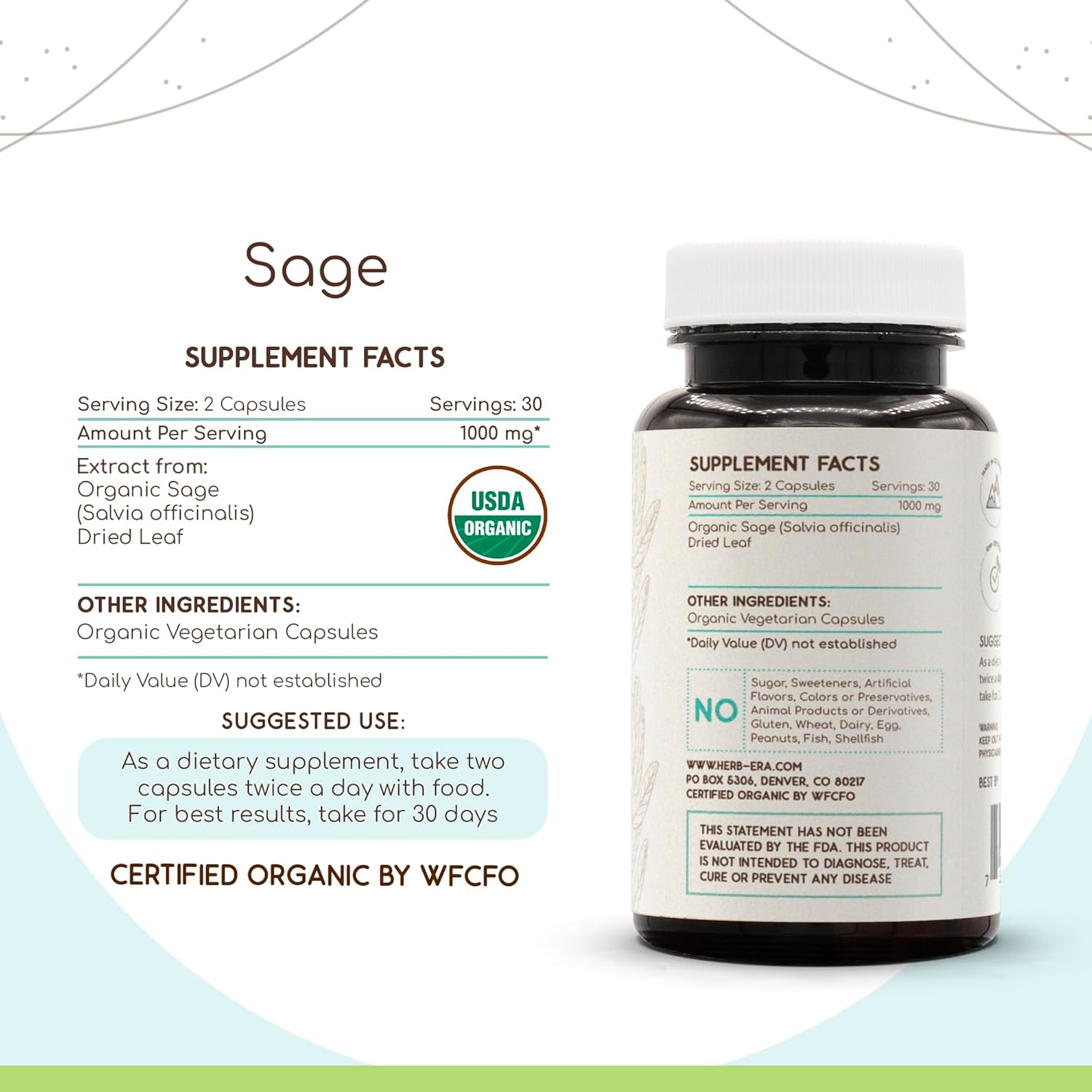 USDA Organic Sage Capsules - HerbEra Sage 500mg, Salvia officinalis Leaf, 60ct