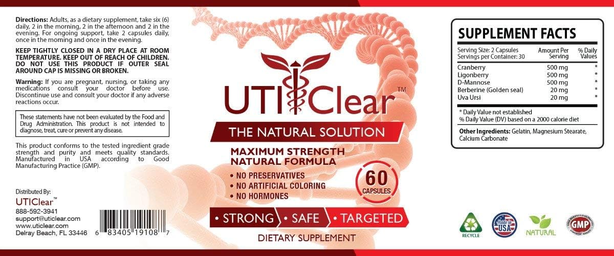 UTI Clear Supplement with Cranberry, Lingonberry, D-Mannose, Berberine & Uva Ursi - Urinary Tract Support - 1 Bottle