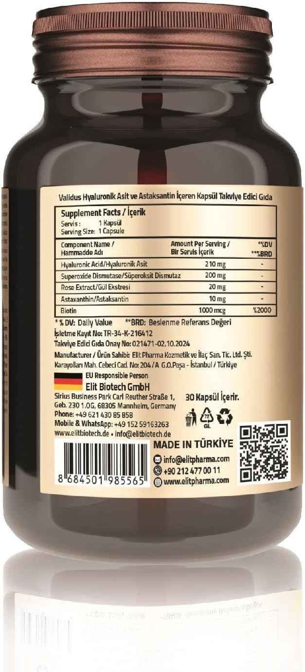 VALIDUS Hyaluronic Acid 210 mg + Astaxanthin 10 mg 30 Capsules (Vcaps Plus)