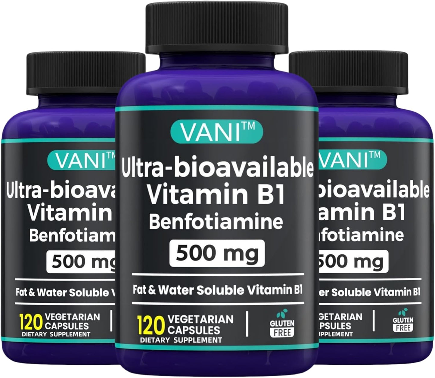 VANI 2 in 1 Enhanced Formula: 500mg Benfotiamine Fat Soluble Vitamin B1 Supplement - 120 Capsules