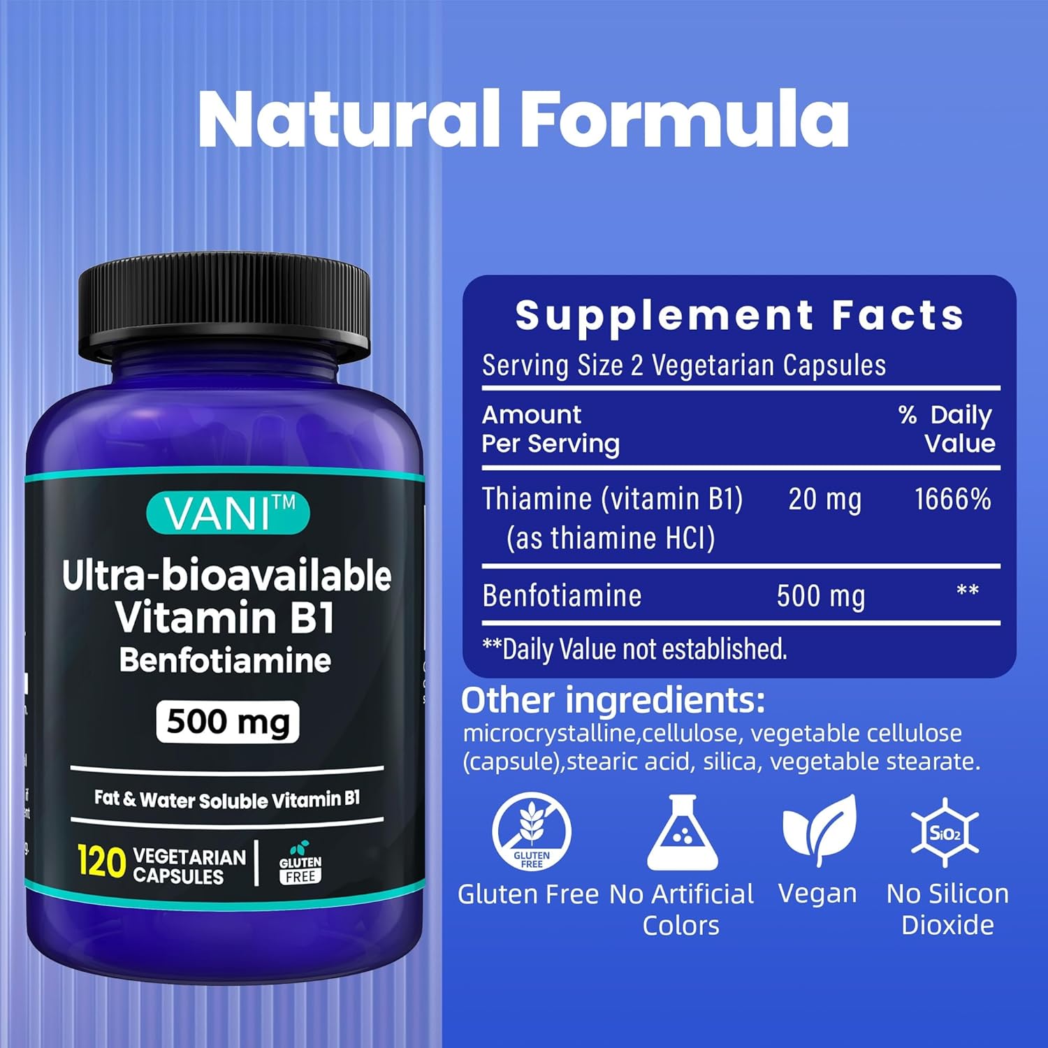 VANI 2 in 1 Enhanced Formula: 500mg Benfotiamine Fat Soluble Vitamin B1 Supplement - 120 Capsules