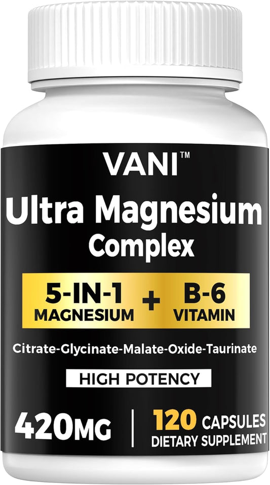 VANI Magnesium Glycinate Complex with B6 for Nerve, Heart, Muscle Health - 420mg, 120 Vegan Capsules, Gluten Free