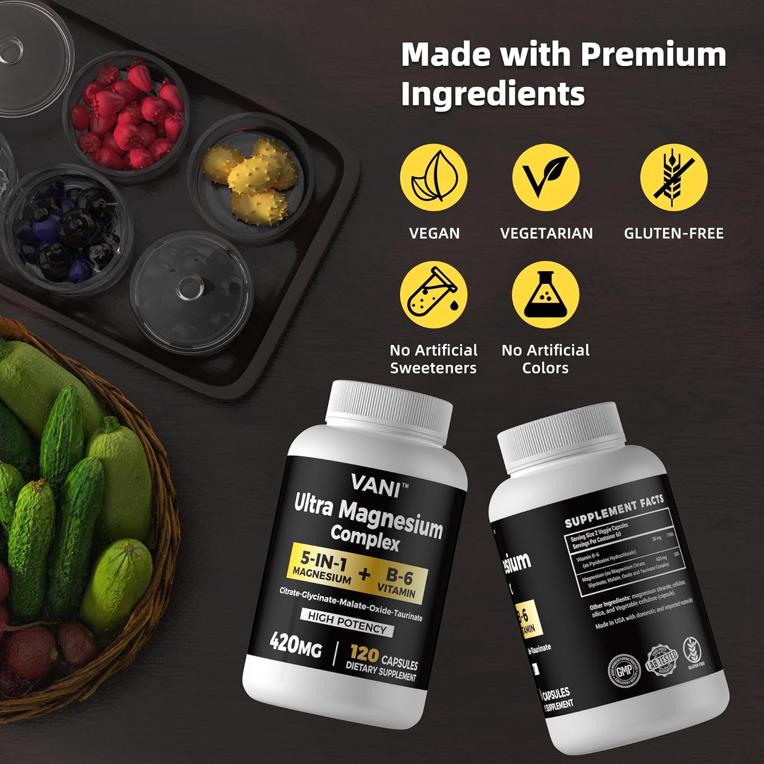 VANI Magnesium Glycinate Complex with B6 for Nerve, Heart, Muscle Health - 420mg, 120 Vegan Capsules, Gluten Free