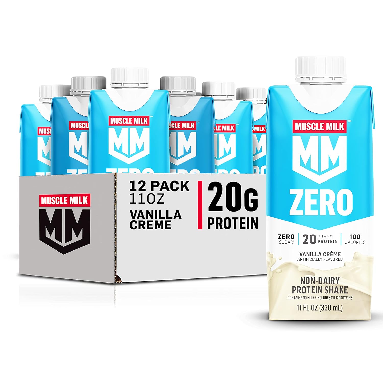 Vanilla Crème Muscle Milk Zero Protein Shake - 12 Pack, 20g Protein, Zero Sugar, 100 Calories, Vitamins & Calcium, 4g Fiber - Energizing Snack
