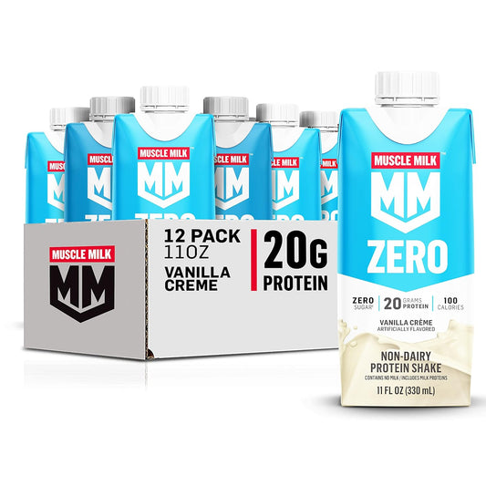 Vanilla Crème Muscle Milk Zero Protein Shake - 12 Pack, 20g Protein, Zero Sugar, 100 Calories, Vitamins & Calcium, 4g Fiber - Energizing Snack