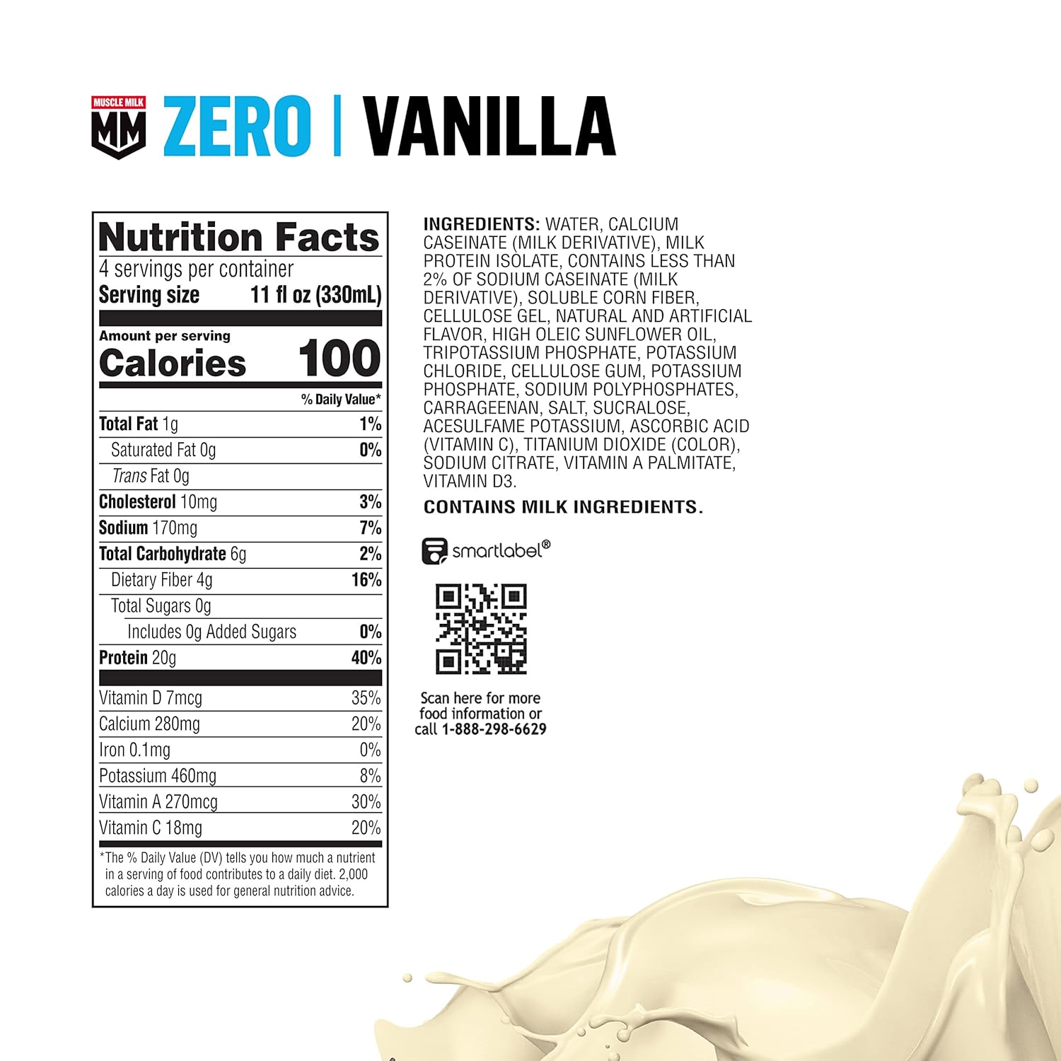 Vanilla Crème Muscle Milk Zero Protein Shake - 12 Pack, 20g Protein, Zero Sugar, 100 Calories, Vitamins & Calcium, 4g Fiber - Energizing Snack