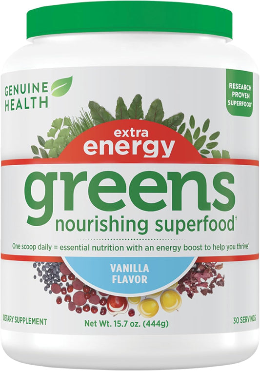 Vanilla Flavoured Superfood Powder for Energy Boost & Gut Health - Genuine Health Greens + Extra Energy, 30 Servings
