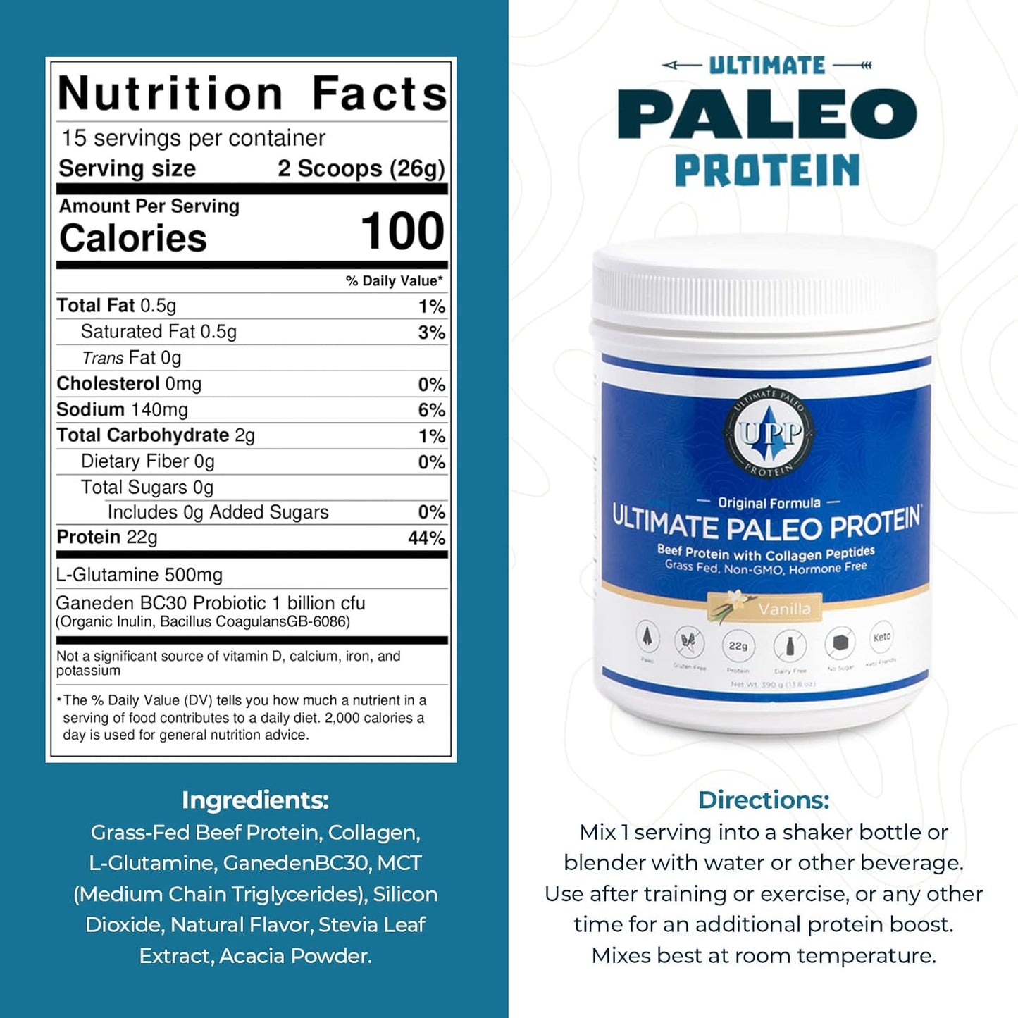 Vanilla Grass Fed Beef Protein Powder with Collagen Peptides | Paleo, Gluten Free, Keto - 15 Servings