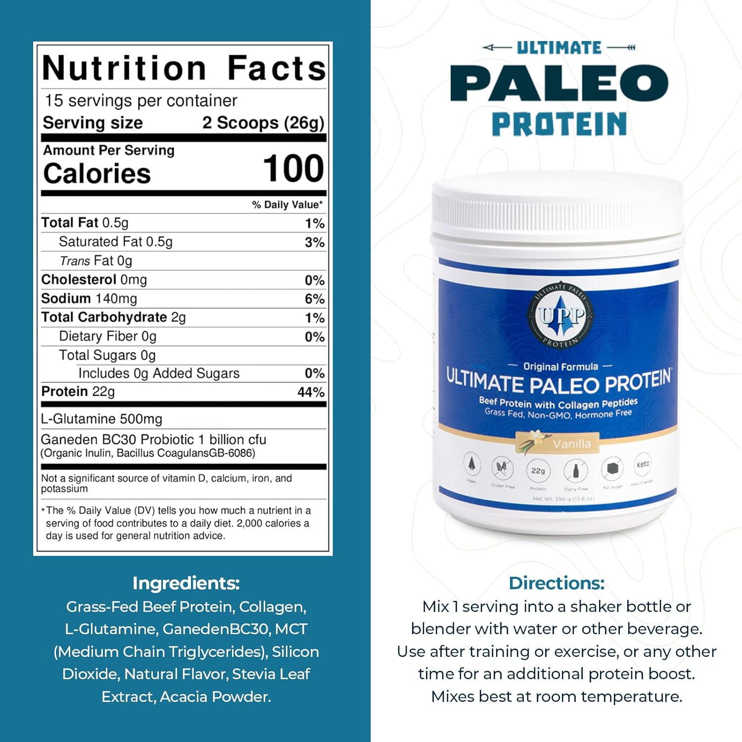Vanilla Grass Fed Beef Protein Powder with Collagen Peptides | Paleo, Gluten Free, Keto - 15 Servings