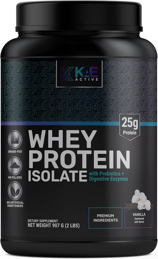 Vanilla Grass-Fed Whey Protein Isolate Powder - 25g Protein, Clean Formula with 5 Ingredients - Easy to Digest.