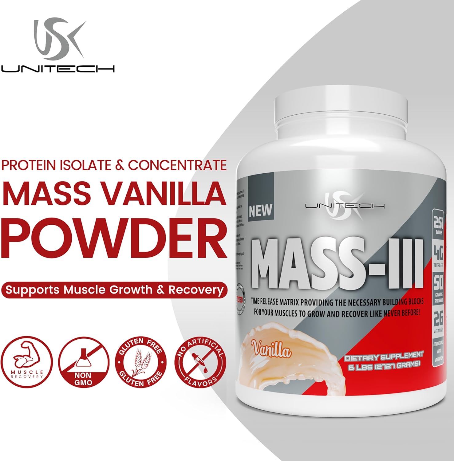 Vanilla Mass Gainer Powder with Protein Isolate & Concentrate - Supports Muscle Growth & Recovery - Rich in Protein, Vitamins, Minerals - 96oz