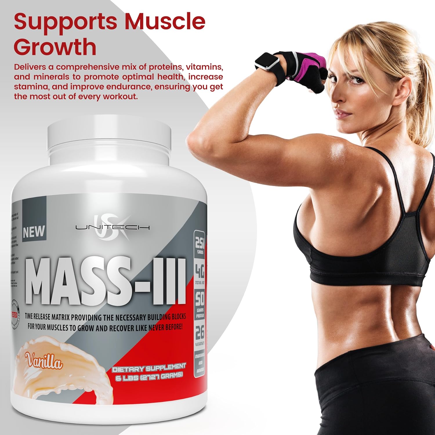 Vanilla Mass Gainer Powder with Protein Isolate & Concentrate - Supports Muscle Growth & Recovery - Rich in Protein, Vitamins, Minerals - 96oz
