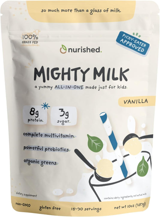 Vanilla Mighty Milk Kids All-in-One Protein Powder with Probiotics, Spinach, & Multivitamins - Natural Ingredients - 15-30 Servings