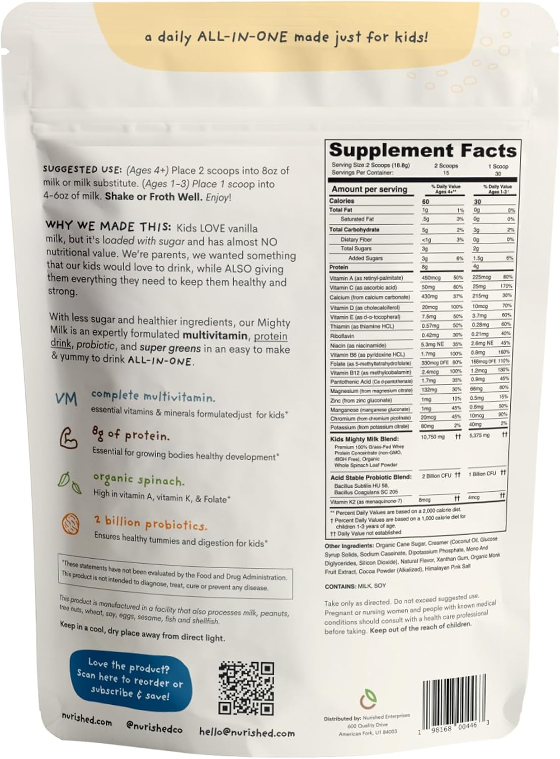 Vanilla Mighty Milk Kids All-in-One Protein Powder with Probiotics, Spinach, & Multivitamins - Natural Ingredients - 15-30 Servings