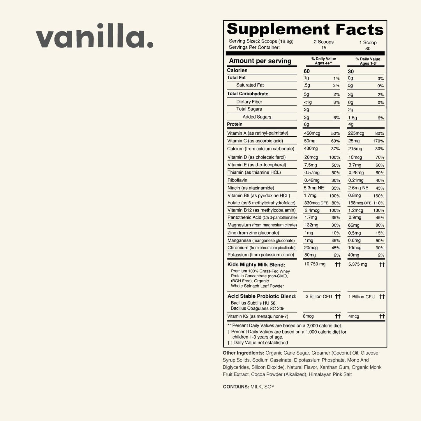 Vanilla Mighty Milk Kids All-in-One Protein Powder with Probiotics, Spinach, & Multivitamins - Natural Ingredients - 15-30 Servings