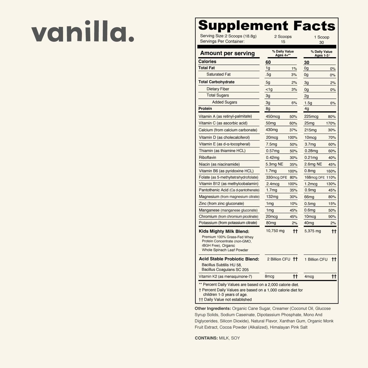 Vanilla Mighty Milk Kids All-in-One Protein Powder with Probiotics, Spinach, & Multivitamins - Natural Ingredients - 15-30 Servings