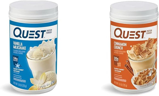 Vanilla Milkshake & Cinnamon Crunch Protein Powder Bundle - High Protein, Low Sugar, 1.6lb & 1lb, 43 Servings - Quest Nutrition