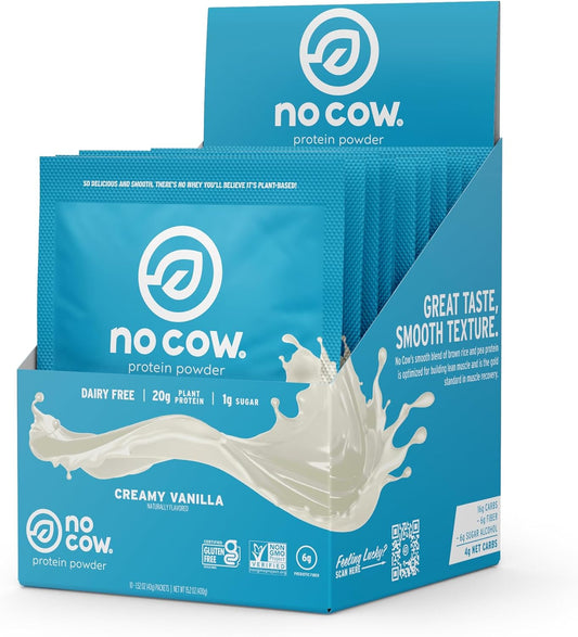 Vanilla No Cow Vegan Protein Powder Single Serve Packets - 20g Plant Based Protein, Dairy/Soy/Gluten Free, Keto Friendly - 10 Count