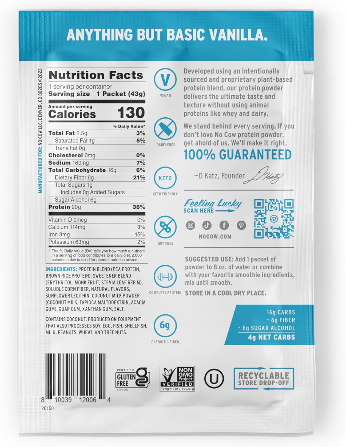 Vanilla No Cow Vegan Protein Powder Single Serve Packets - 20g Plant Based Protein, Dairy/Soy/Gluten Free, Keto Friendly - 10 Count