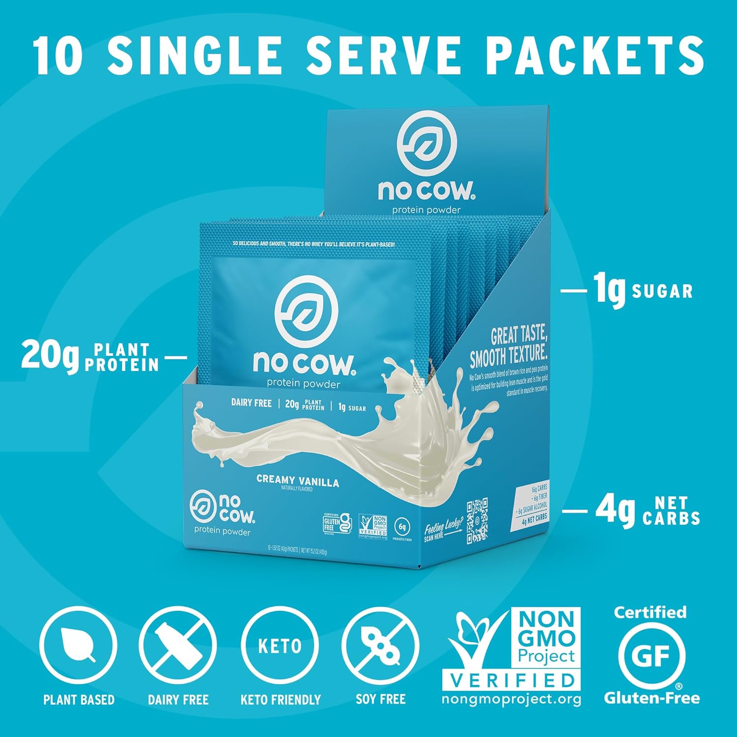 Vanilla No Cow Vegan Protein Powder Single Serve Packets - 20g Plant Based Protein, Dairy/Soy/Gluten Free, Keto Friendly - 10 Count